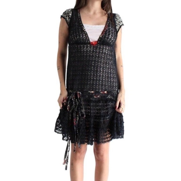 Vintage Free People Black Crochet Drop Waist Cap Slv Boho Whimsygoth size 4 - Picture 2 of 8